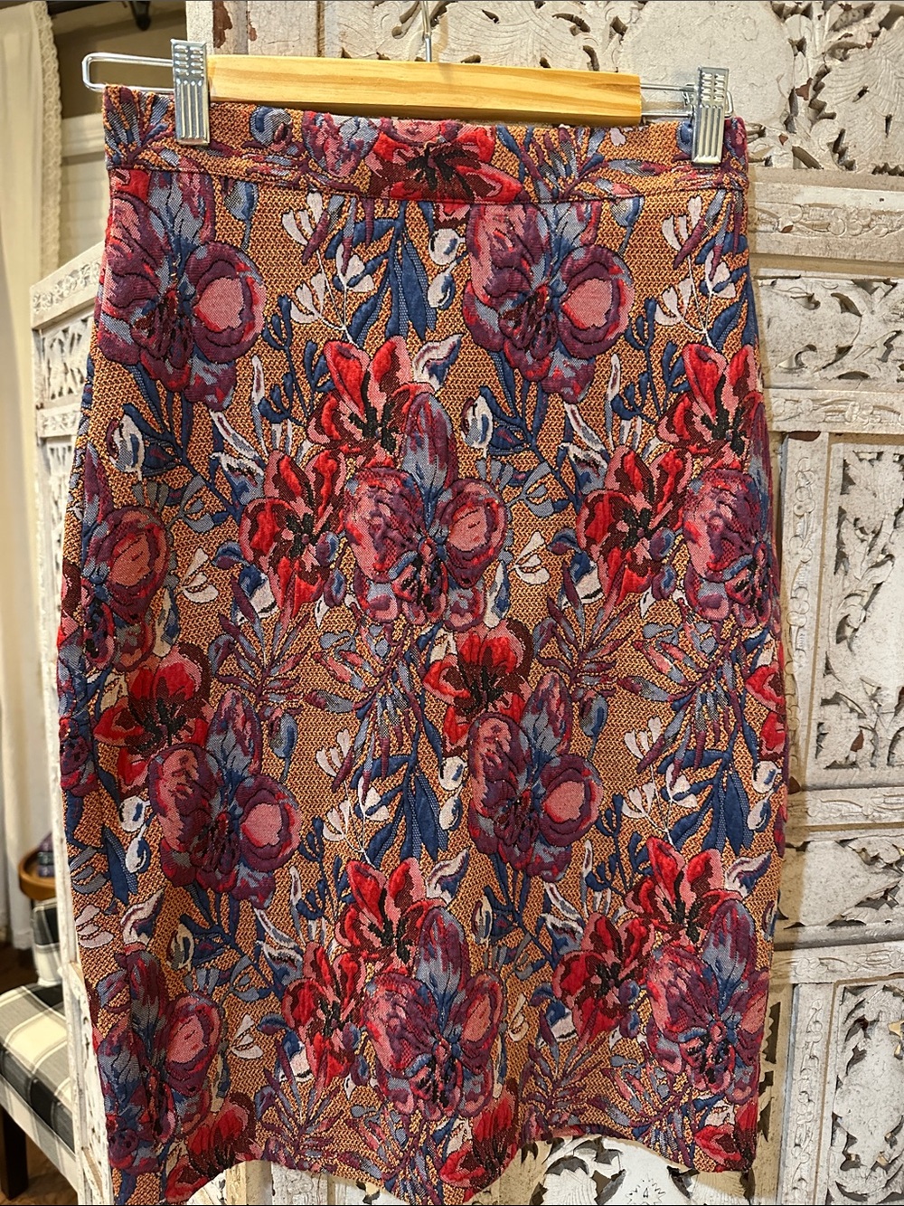 Maeve (Anthropologie) Floral Jacquard Pencil Skirt - Red, Blue & Tan